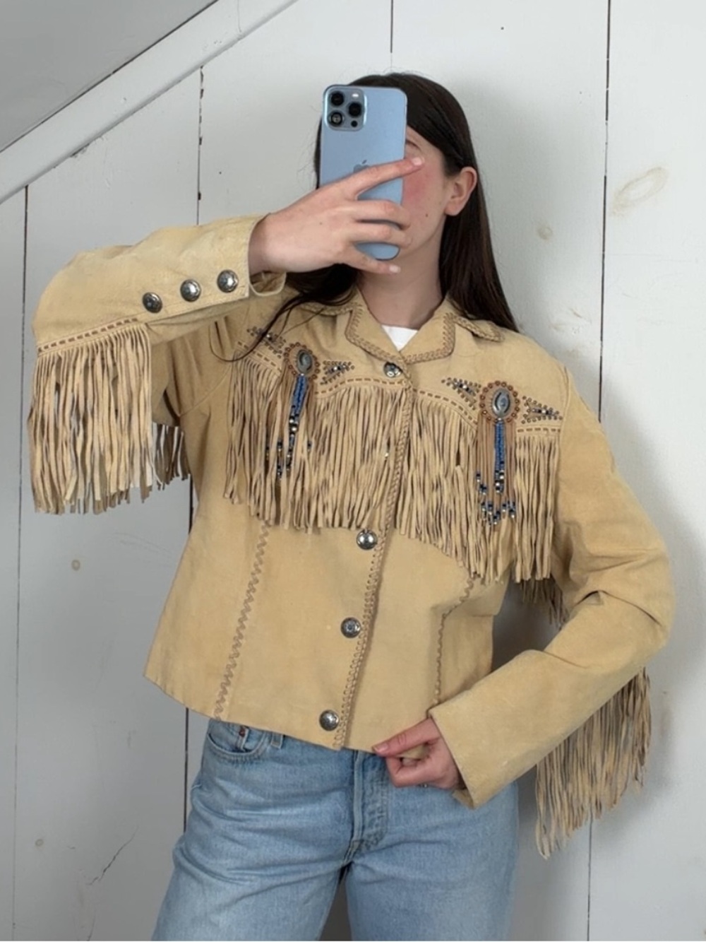 Cripple Creek Tan Suede Leather Fringe Western Jacket Womens L Beaded Medallions - Picture 9 of 15